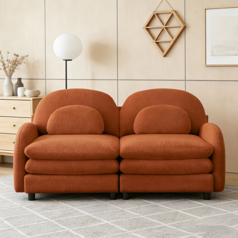 Teddy Fabric Cloud Sofa,Curved Backrest and Armrest with Curved Lumbar Pillows, Orange+2Seat