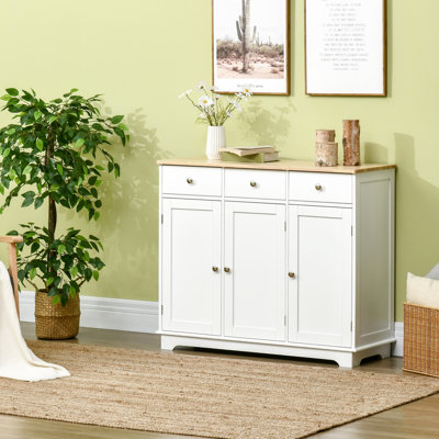 Buffet avec plateau en bois massif - Armoire de rangement blanche à 3 tiroirs, portes, tablette ajustable, pour fonction