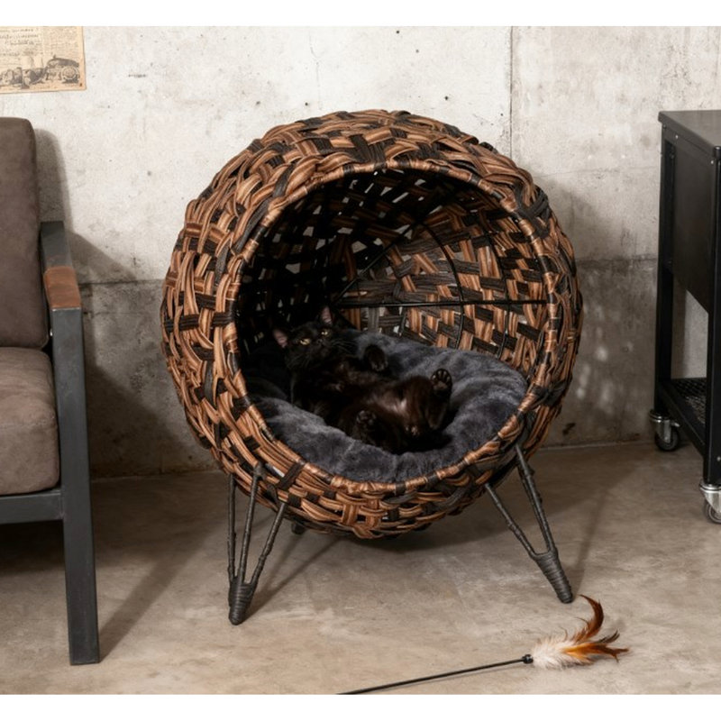 Maison de chaton en feuille de bananier tissée avec coussin, lit pour chat surélevé pour la circulation de l'air, chats trépied de couleur brune et en métal tissés à la main de moins de 11 livres, support de couleur