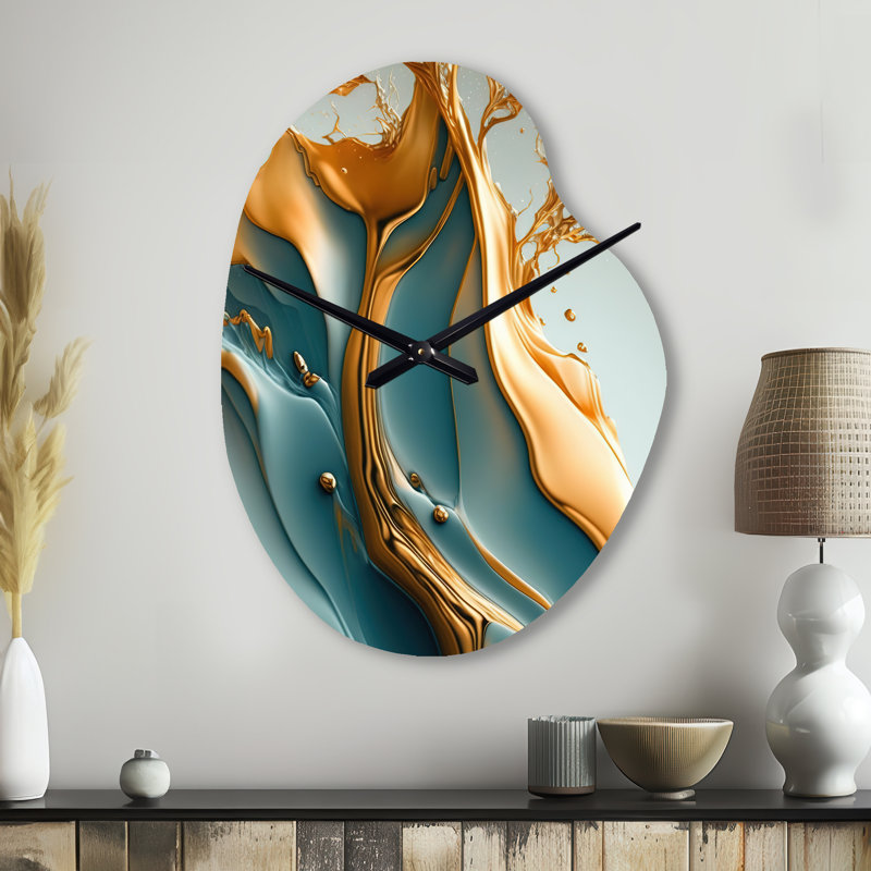 Abstrait bleu et feuilles dorées III - horloge murale de forme irrégulière, Petit