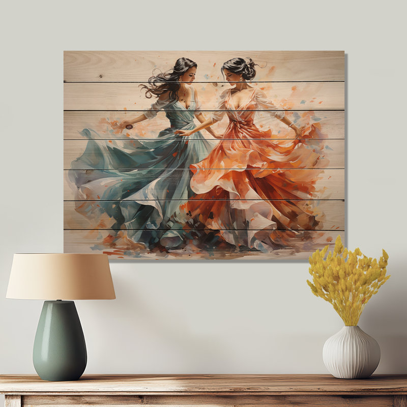 «Peach Blue Indian Art Kathak Dancers» sur impression sur bois, H 10 po x l 20 po x P 0,78 po