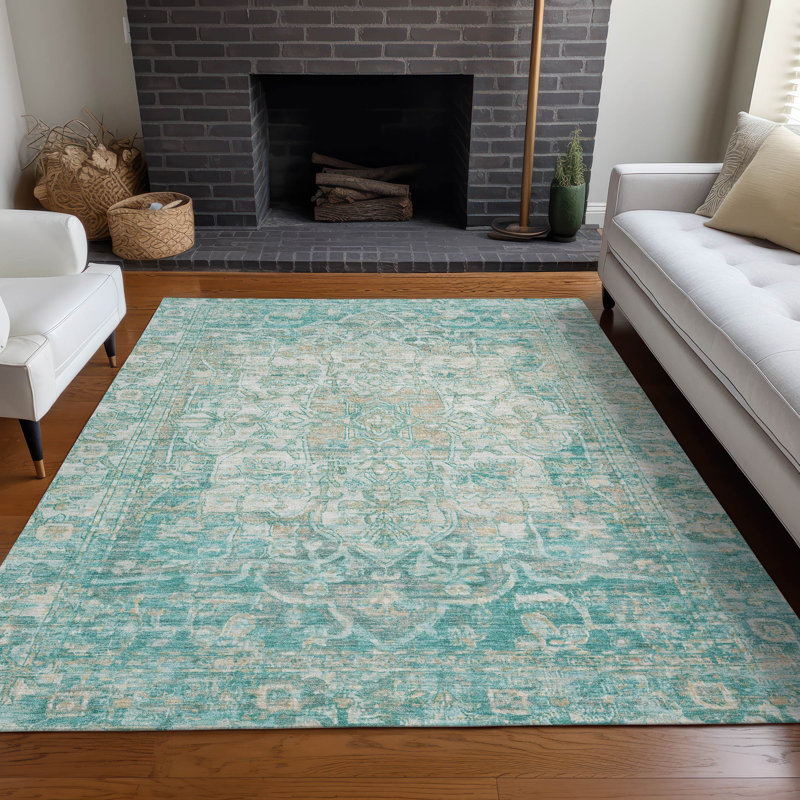 Tapis bleu sarcelle lavable à la machine intérieur / extérieur Xhevrie, Rectangle 5 pi x 7 pi 6 po