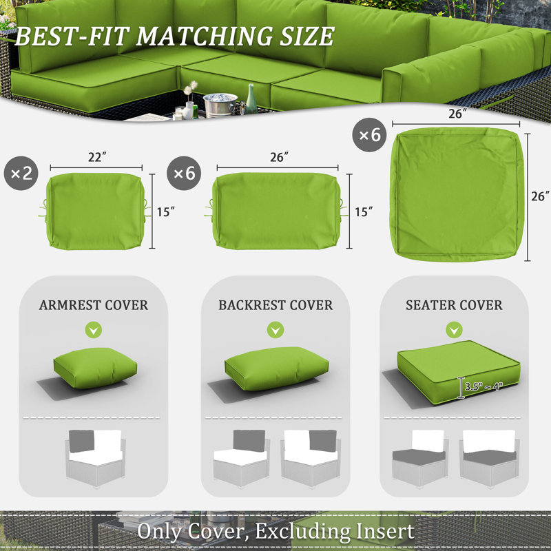 Cartert 14 Pcs Outdoor Cushion Cover Set For 4" Outdoor Cushions Patio Furniture Cushion Covers, Covers Only, Grass Green