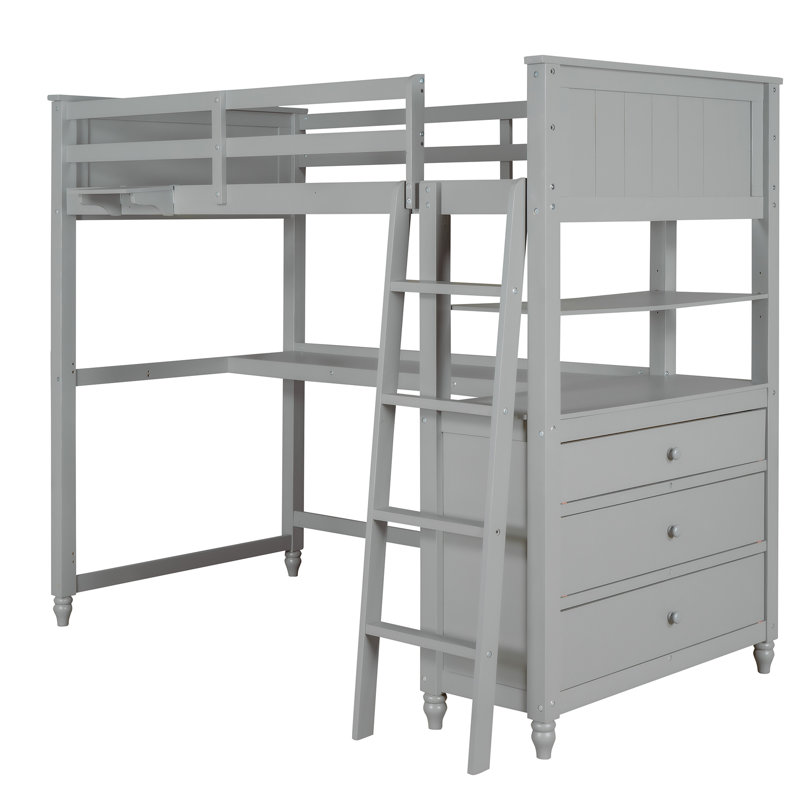 Lit mezzanine avec tiroirs et bureau intégré, lit mezzanine en bois avec tablettes pour un rangement peu encombrant, Gris