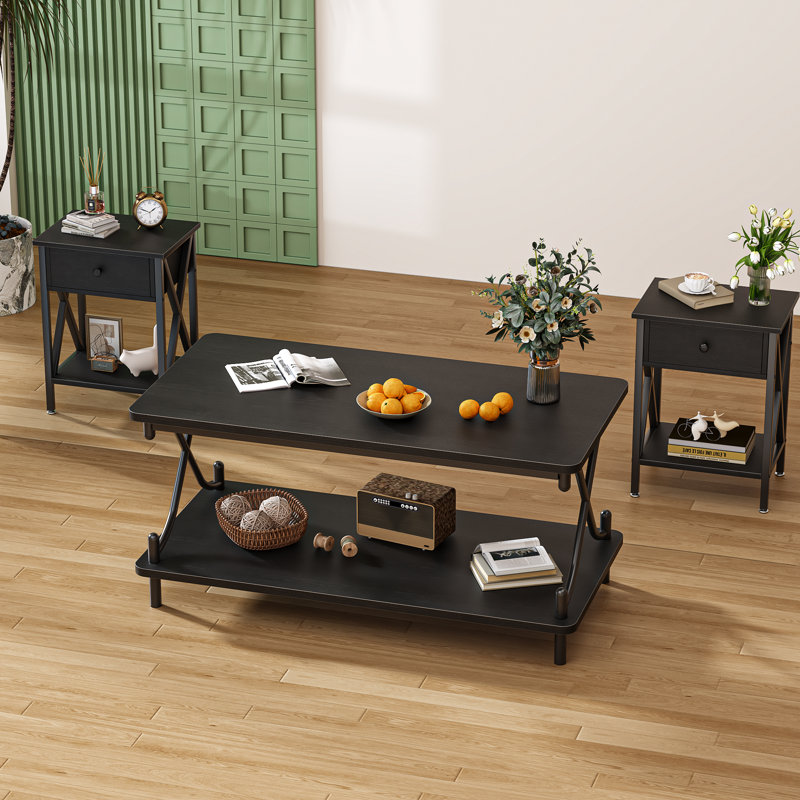 Ensemble de table de salon 3 pièces Ambrogino, table basse avec 2 tables de bout, ensemble de meubles d'appoint en bois industriel et en métal, table de centre rustique moderne et tables d'appoint pour salon, appartement, petit espace