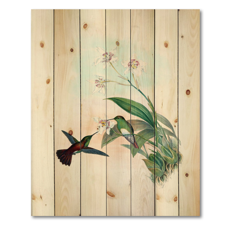 Colibri rétro volant à une fleur - impression traditionnelle sur bois de pin naturel, H 20 po x l 10 po x P 0,78 po