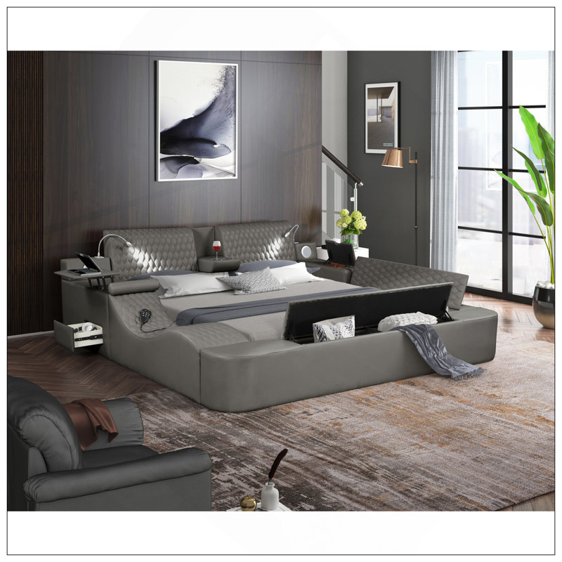 Smart Multifunctional Queen Size Bed With Massage, Storage, And Bluetooth Speakers In Gray