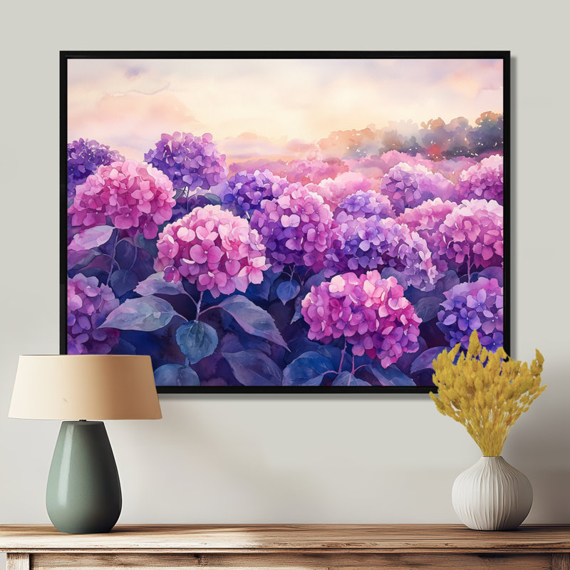 Dorethia Hydrangea Field At Dusk I - Hydrangea Wall Art, 30" H x 40" W, Black, Floater Framed Print