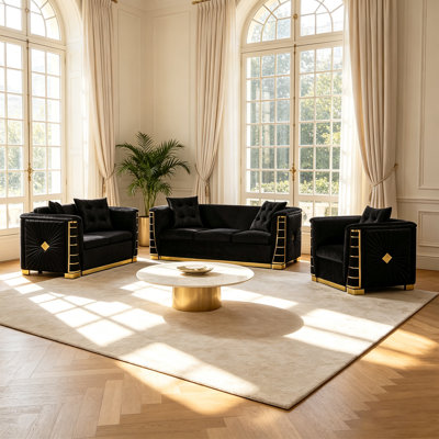 Ensemble de canapé Chesterfield convertible 3 pièces en velours avec fauteuils
