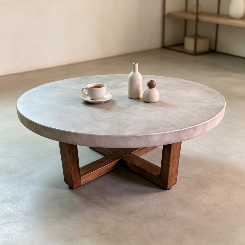 Round Solid Wood Coffee Table with Concrete Finish