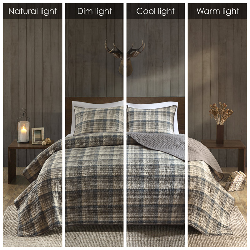Tan and Brown Plaid Reversible Cotton Full Quilt Set