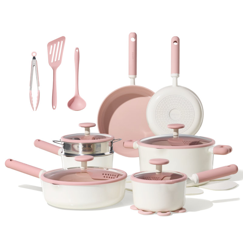 Ensemble de casseroles et de poêles 21 pièces CAROTE antiadhésives roses et blanches, batterie de cuisine à induction, ensemble de cuisine en aluminium