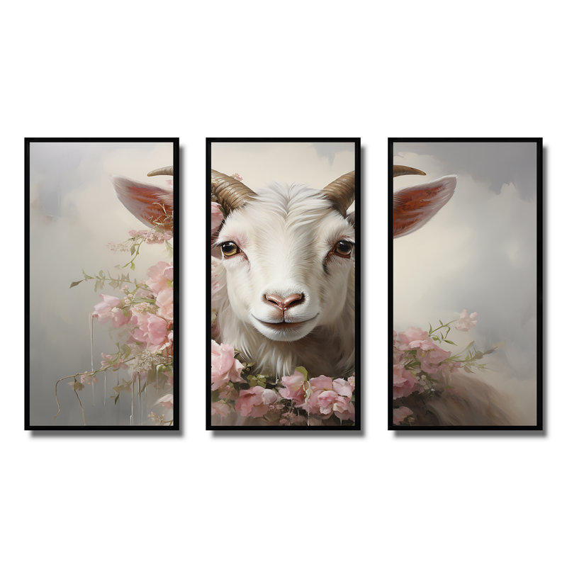 Chèvre blanche avec coller floral rose - art mural animal de chèvre, Cadre flottant noir, H 28 po x l 36 po