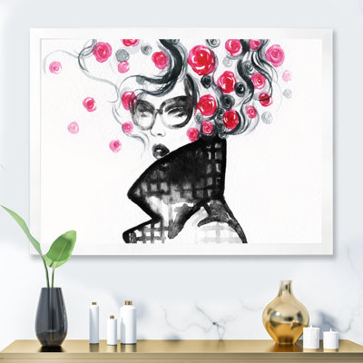 Portrait d'une femme élégante en noir, blanc et rose - Art mural sur toile glam