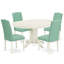 Cet ensemble de salle à manger 5 pièces comprend une table ovale en bois avec feuille papillon et 4 chaises rembourrées en similicuir pour étang, blanc lin-421326286-471855434-471855478