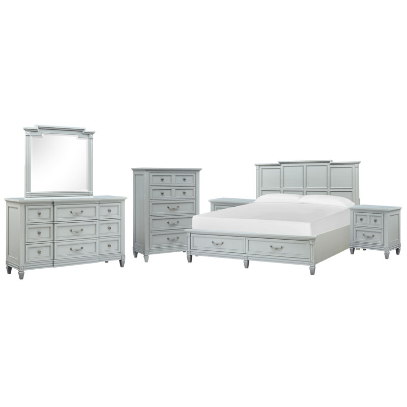Commode à 2 tiroirs avec miroir de paysage et commode à tiroirs Birdsall, 6 Pcs:Bed,2Nightstand,Dresser,Mirror,Drawer Chest