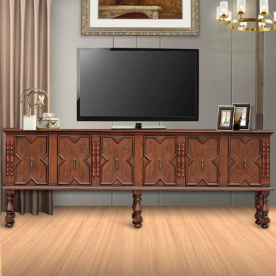 Console télé rétro en bois massif avec portes géométriques en relief