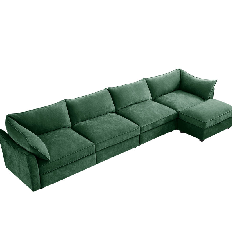 4 sièges avec design en forme de L, tissu chenille, mobile, croissant, coussins enveloppants et tiroirs de rangement coulissants pour un espace luxueux