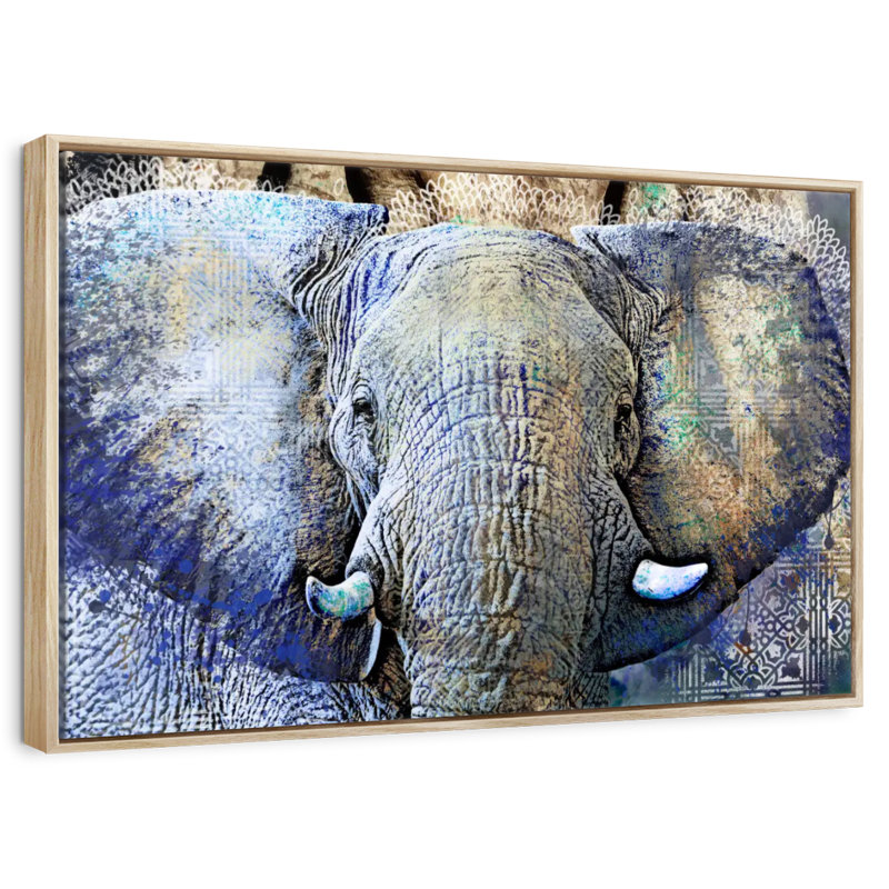 Éléphant, 25 po x 17 po, Cadre flottant en bois naturel