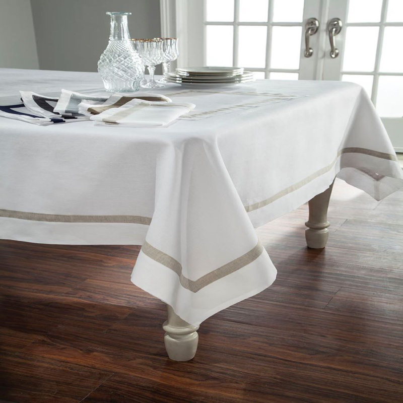 Fino Linen Tablecloth, White/Navy, 90" L x 72" W
