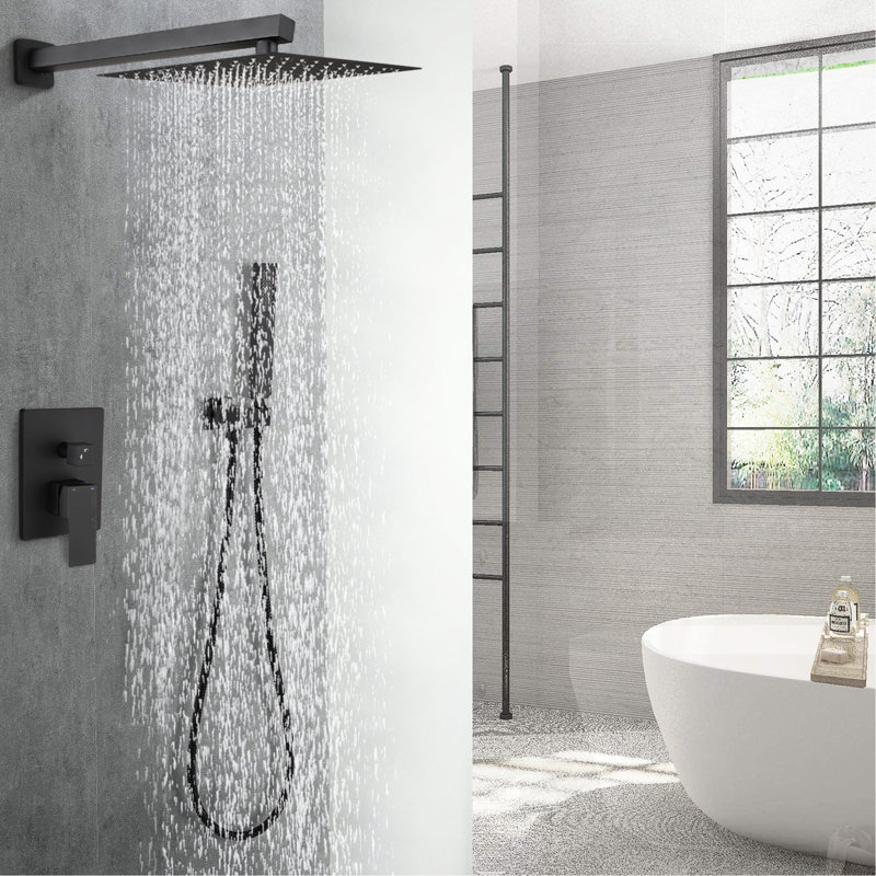 Douche de salle de bain en laiton noir mat de 12 pouces avec débit de 2,5 gallons par minute, poignée simple et système de douche à main levier résistant à la corrosion