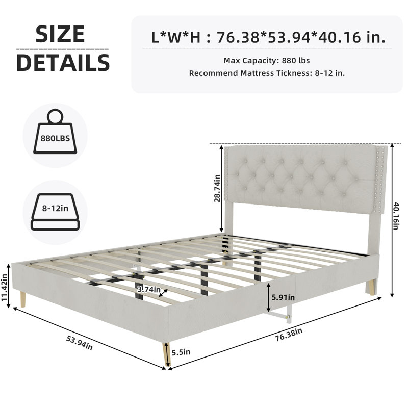 Lit double beige avec tête de lit, support stable, rembourrage, structure simple et élégante, bien conçu pour le sommeil, tête de lit ajoute du style, répond aux besoins spatiaux