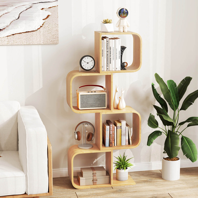 Bibliothèque 2 pièces à 4 niveaux en forme de S avec 4 tablettes d'angle géométriques ouvertes