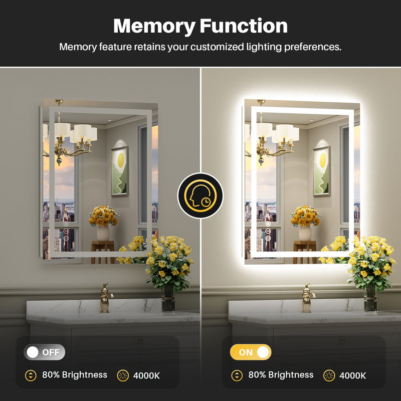 LED Bathroom Mirror with Lights, Backlit & Front Lit, Lighted Wall Mirrors for Bathroom Vanity, Touch Screen Dimmable, Anti-Fog, Memory Function, HD Tempered Glass, Shatter-Proof, ETL Listed