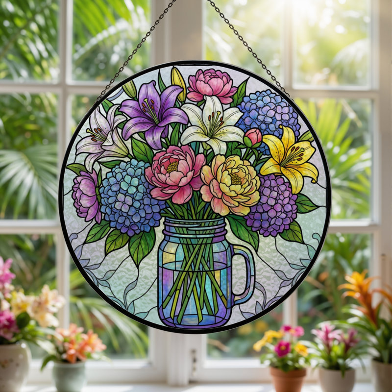 Vitrail d'arrangement floral H 7,8 po, H 7,8 po x l 7,8 po
