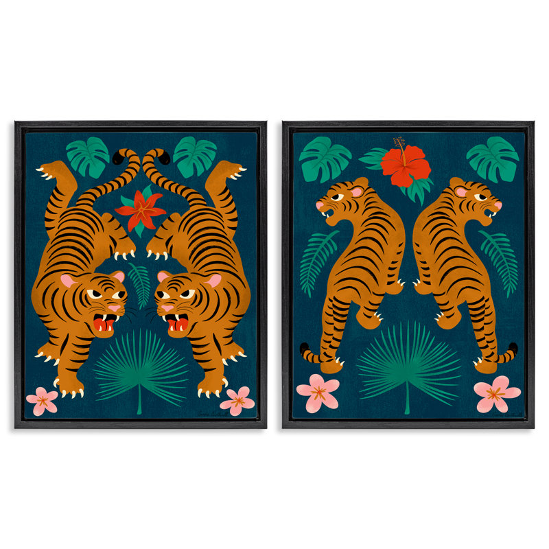 «Twin Jungle Tigers», ensemble de 2 toiles flottantes encadrées par Carrie Cantwell, H 31 po x l 25 po