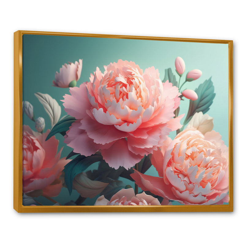 Pivoine rose verte en mouvement I sur toile, H 16 po x l 32 po x P 1 po, Cadre flottant doré