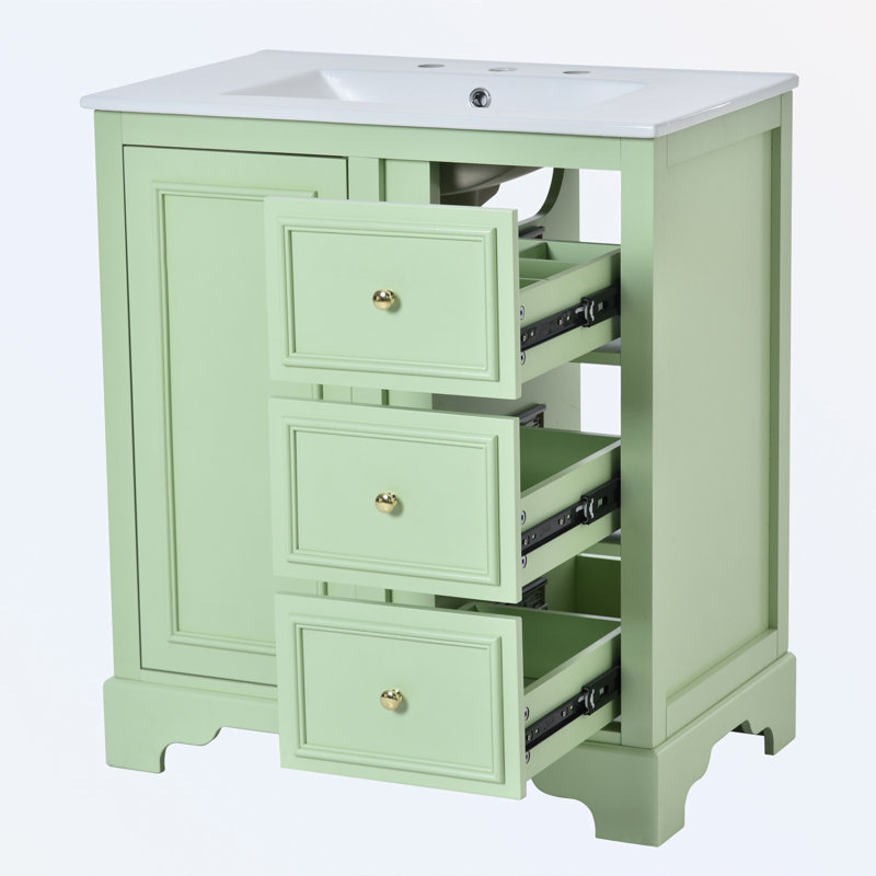 Meuble-lavabo avec lavabo, 3 tiroirs, tablettes réglables, Vert