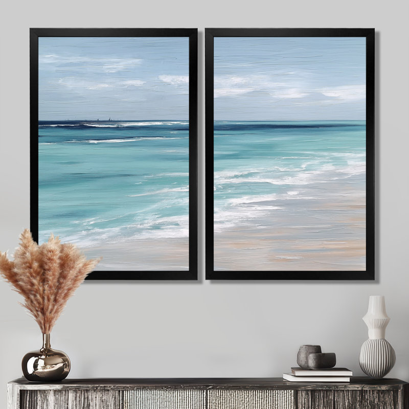 «Blue and White Coastal Beach Wonder», art encadré sur la plage, décoration murale bord de mer blanc 2 pièces, Noir