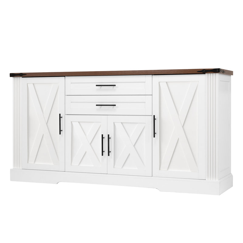 Bar à café de 63 po avec 4 portes de grange, 2 tiroirs et porte, portes coulissantes et glissières de tiroir lisses, White