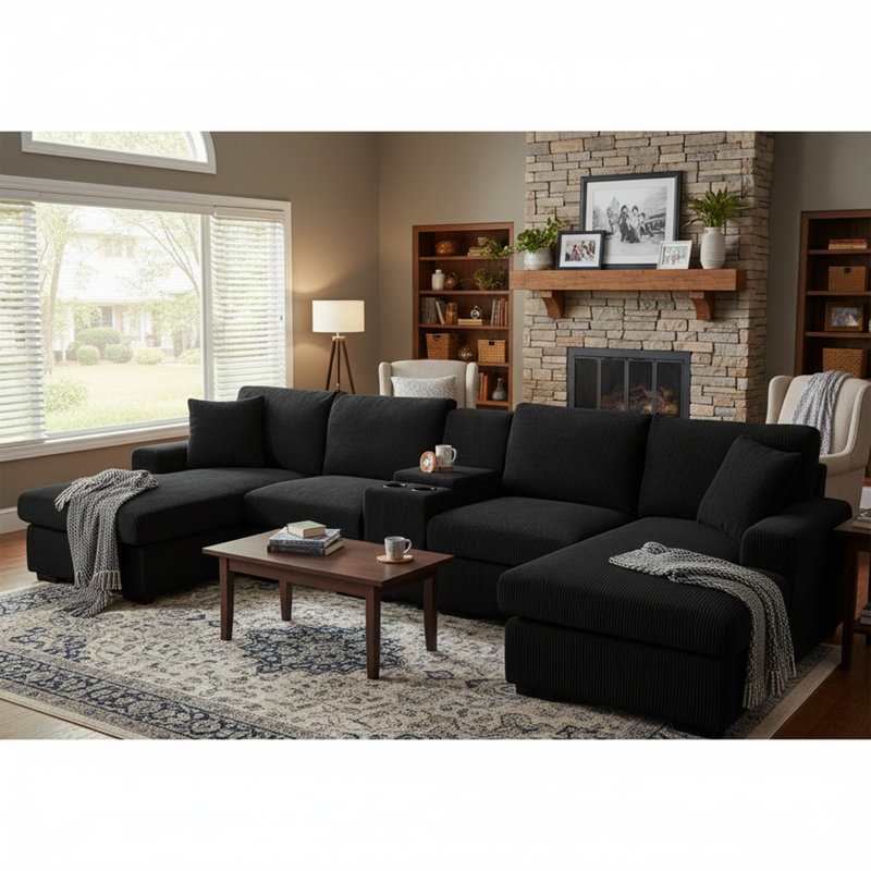 U Shaped Cloud Couch Sectional Sofa, Black Corduroy