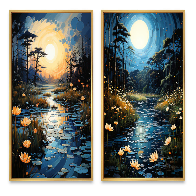 «Blue Green Pointillism River At Night», 2 pièces, Encadrement doré, H 32 po x l 32 po