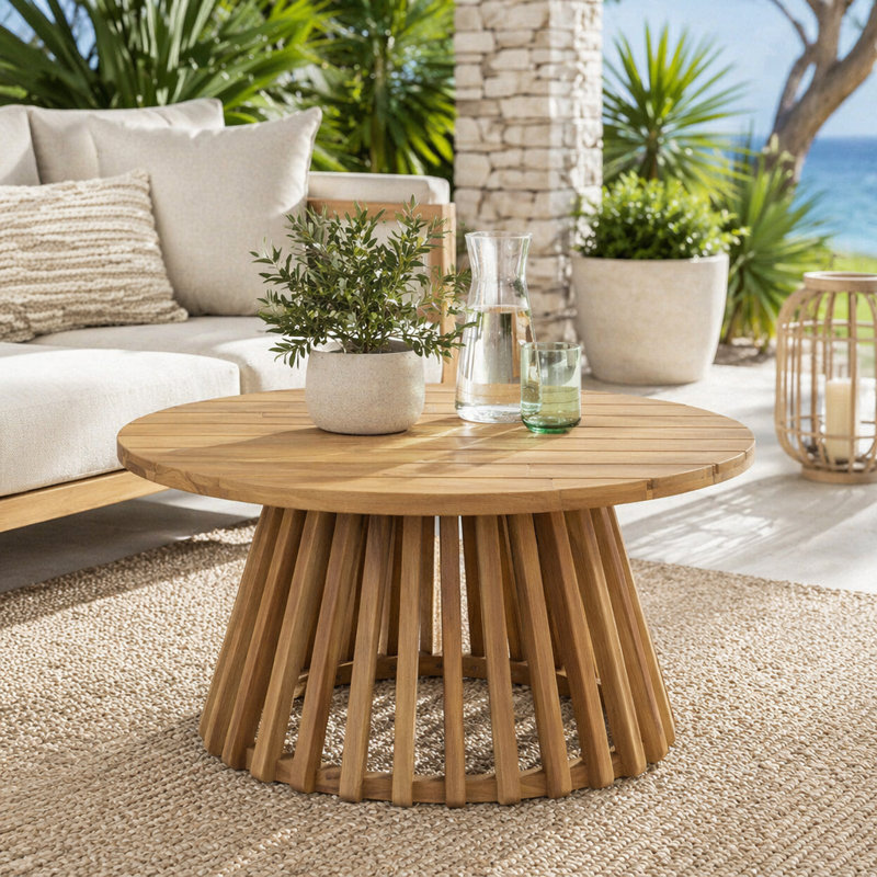 Table basse ronde d'extérieur en bois d'acacia, Teck