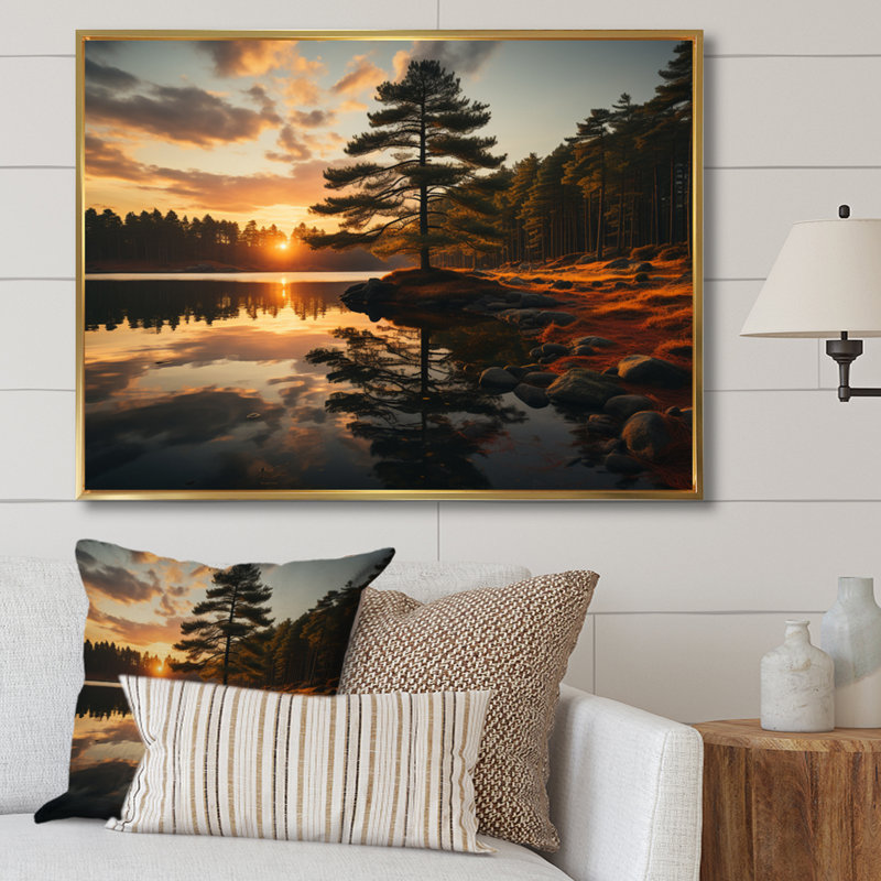 Sérénade de pin sur toile, H 30 po x l 40 po x P 1,5 po, Cadre flottant doré