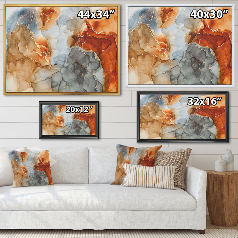 «Brown and Grey Luxury Abstract Fluid I», peinture sur toile, H 34 po x l 44 po x P 1,5 po, Cadre flottant doré