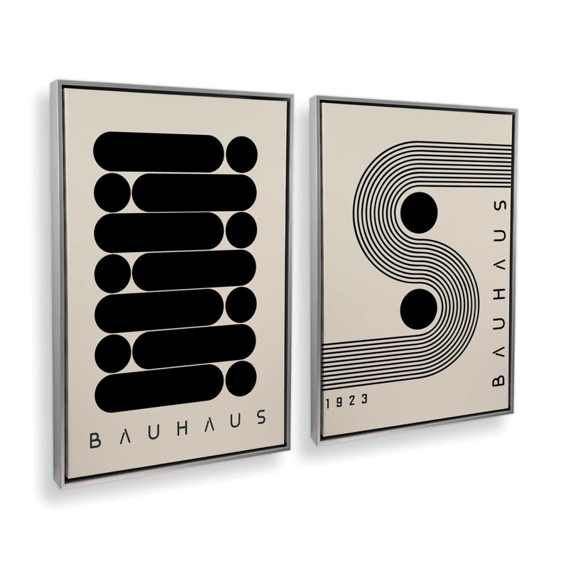 Ensemble de 2 impressions sur toile géométriques Bauhaus Energy, Cadre flottant en chrome poli
