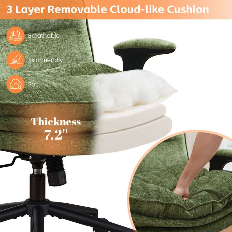 28" Wide-Seat Office Chair with Flip-Up Arms, Available in Sherpa, Chenille & Faux Leather, Green Fabric