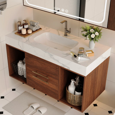 Meuble-lavabo flottant mural de 39,4 pouces avec lavabo en céramique, 2 espaces de rangement ouverts, plateau en pierre frittée et poignées en bronze de style moderne de 39,4 po faciles à utiliser, montées, à fermeture en douceur