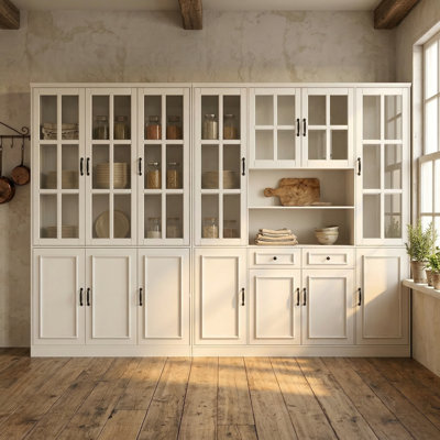 Brampt 78.7" H Multi-Section Pantry Cabinet with Glass Display Doors, Drawers & Closed Storage – White Finish