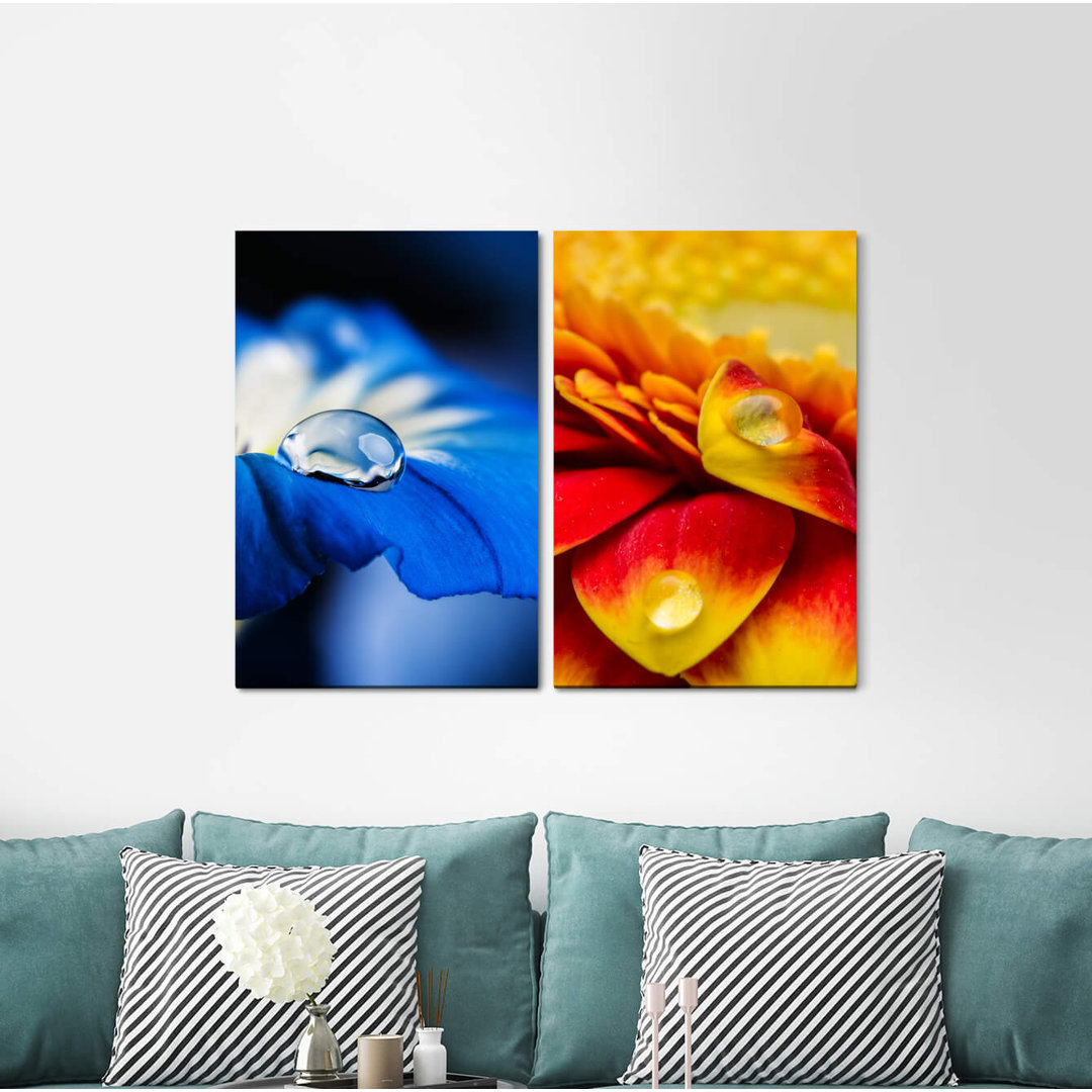 2-tlg. Leinwandbilder-Set - Grafikdruck „Flowers Blossoms Blue Water Drops Orange”