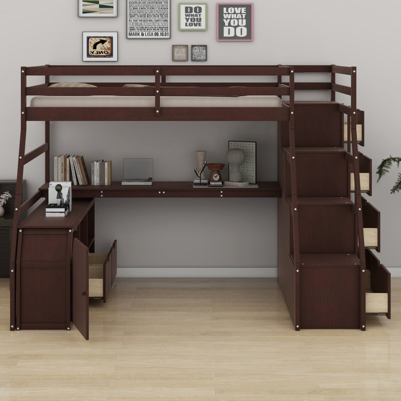 Lit mezzanine tout-en-un avec bureau, tiroirs, tablettes, Espresso