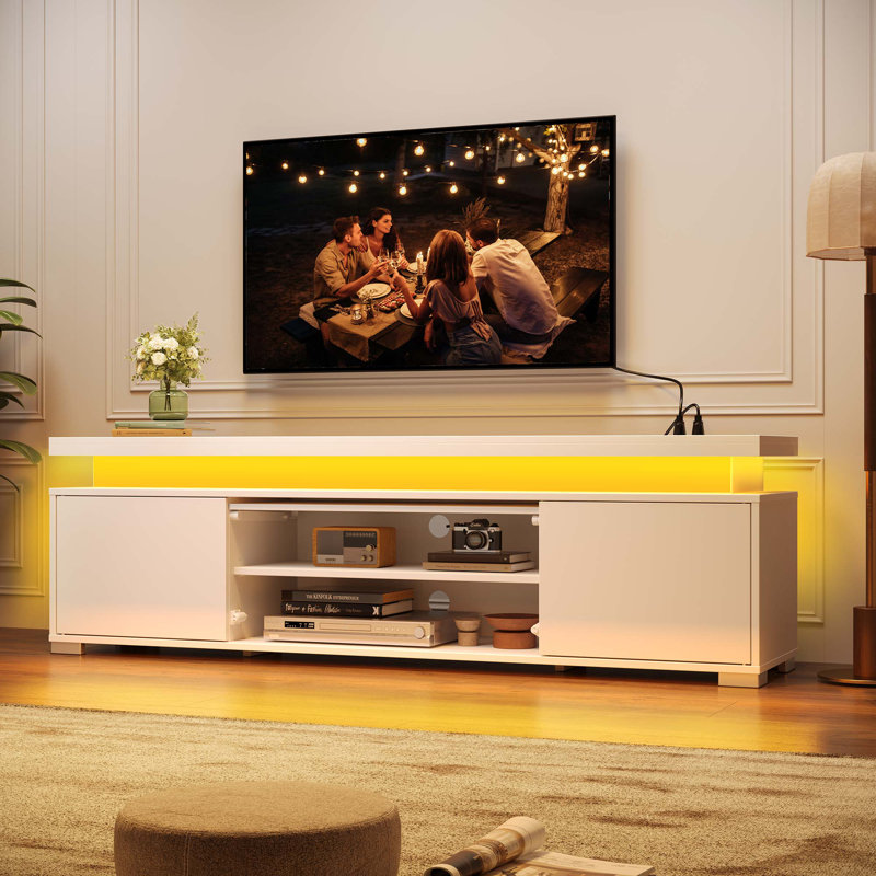 TV Stand for TVs up to 65", Entertainment Center with Storage, RGB LED Lights and 4 AC Outlets, White