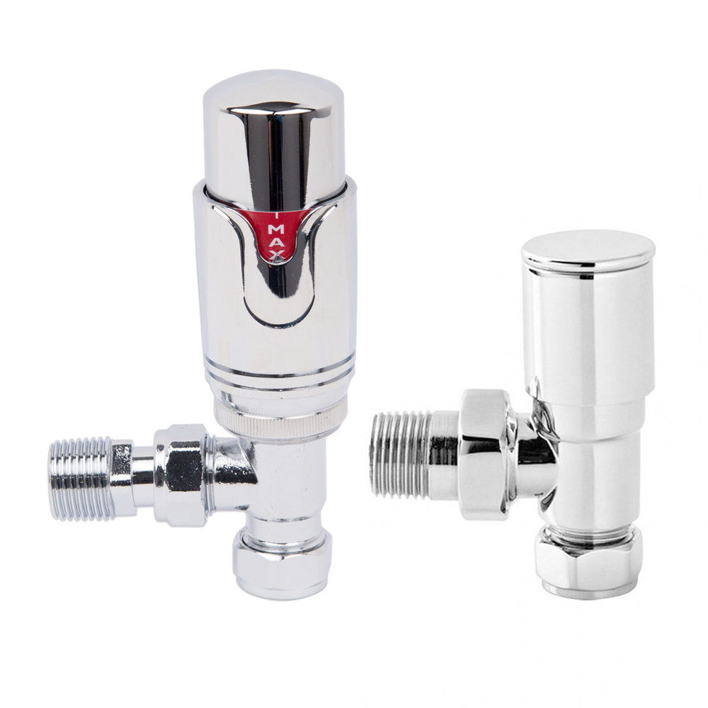 Thermostatic TRV Valve And Manual Radiator Valve Angled 15Mm X 1/2" Twin Pack Chrome