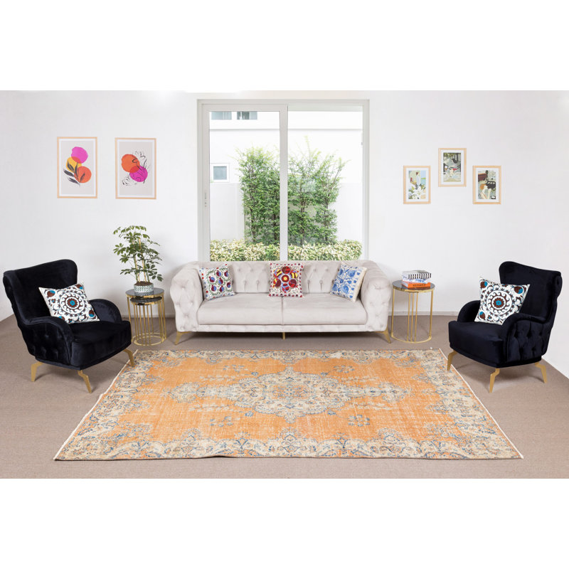 Tapis turc rétro fait à la main avec motif médaillon en orange, bleu marine et crème