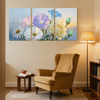 Plants & Flowers Floral Watercolor Blossoms Dewdrops Canvas Art Print Set of 3 Canvas Wall Art Prints
