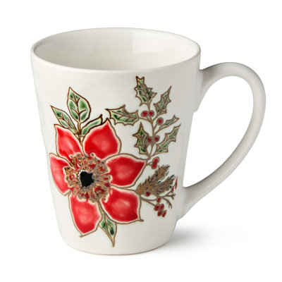 Festive Blooms Set of 4 Mugs — Four 14-ounce white stoneware mugs wrapped in bold scarlet blooms and holiday botanicals, perfect for every warm sip of the season.